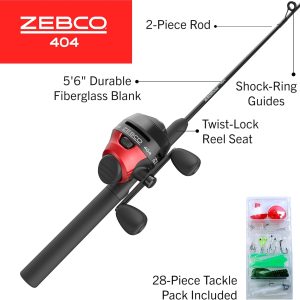 Zebco 404 Spincast Reel and 2-Piece Fishing Rod Combo, Durable Fiberglass Rod with EVA Handle, QuickSet Anti-Reverse Reel with Built-In Bite Alert, Pre-Spooled